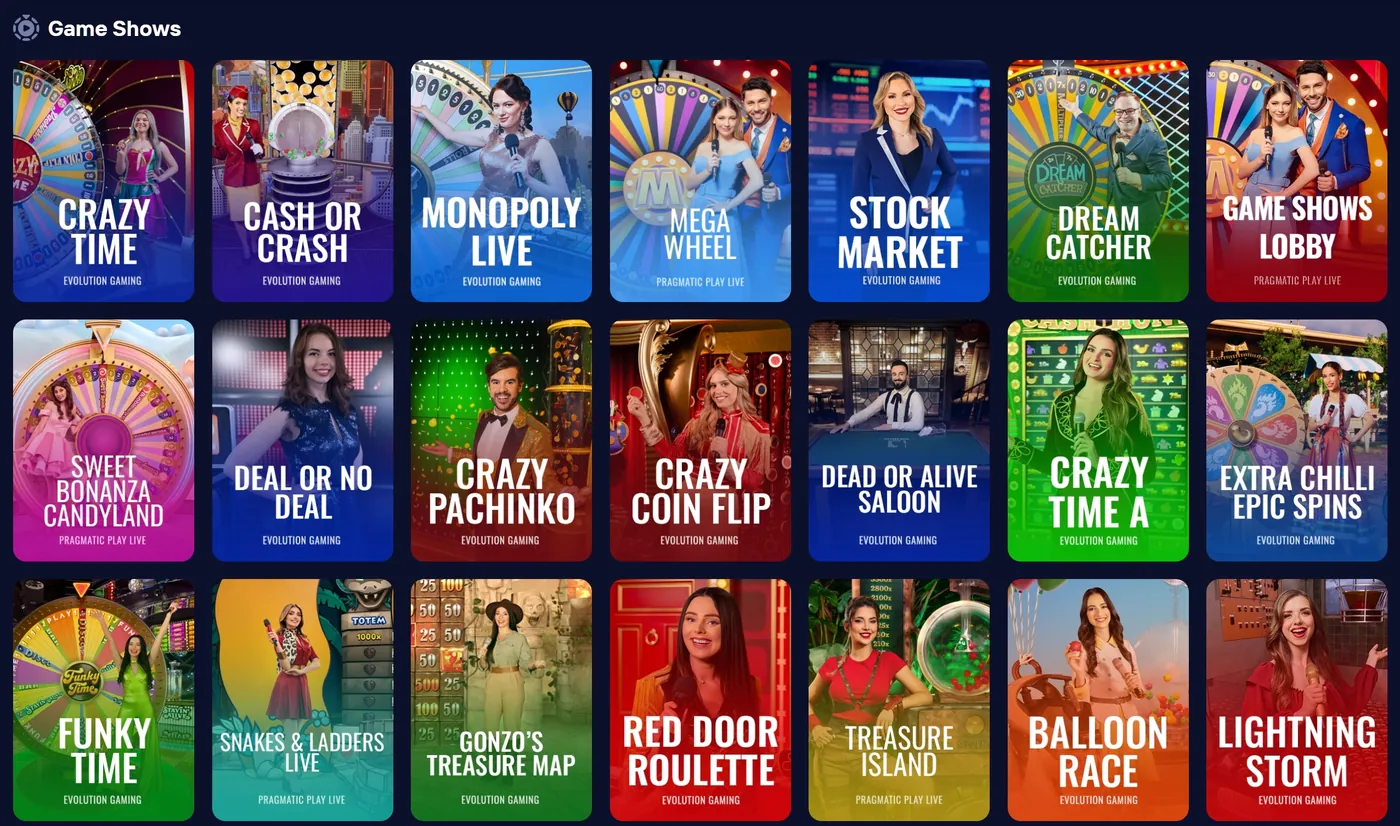 Duel Casino game shows section featuring Crazy Time, Cash or Crash, Monopoly Live, Mega Wheel, Stock Market, Dream Catcher and more.