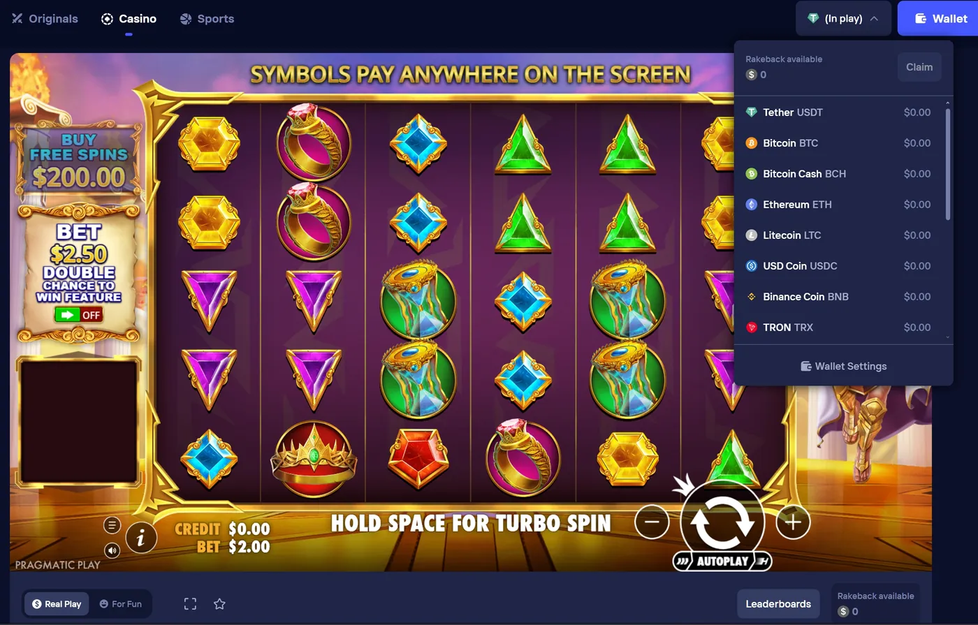 Duel Casino slot gameplay screen with the multi-cryptocurrency wallet panel open, showing available rakeback balance ready to claim.