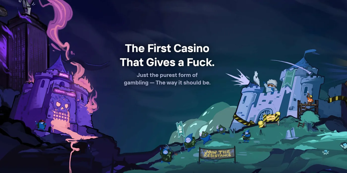 Duel Casino — The First Casino That Gives a Fuck. Cartoon battle scene with two castle factions.