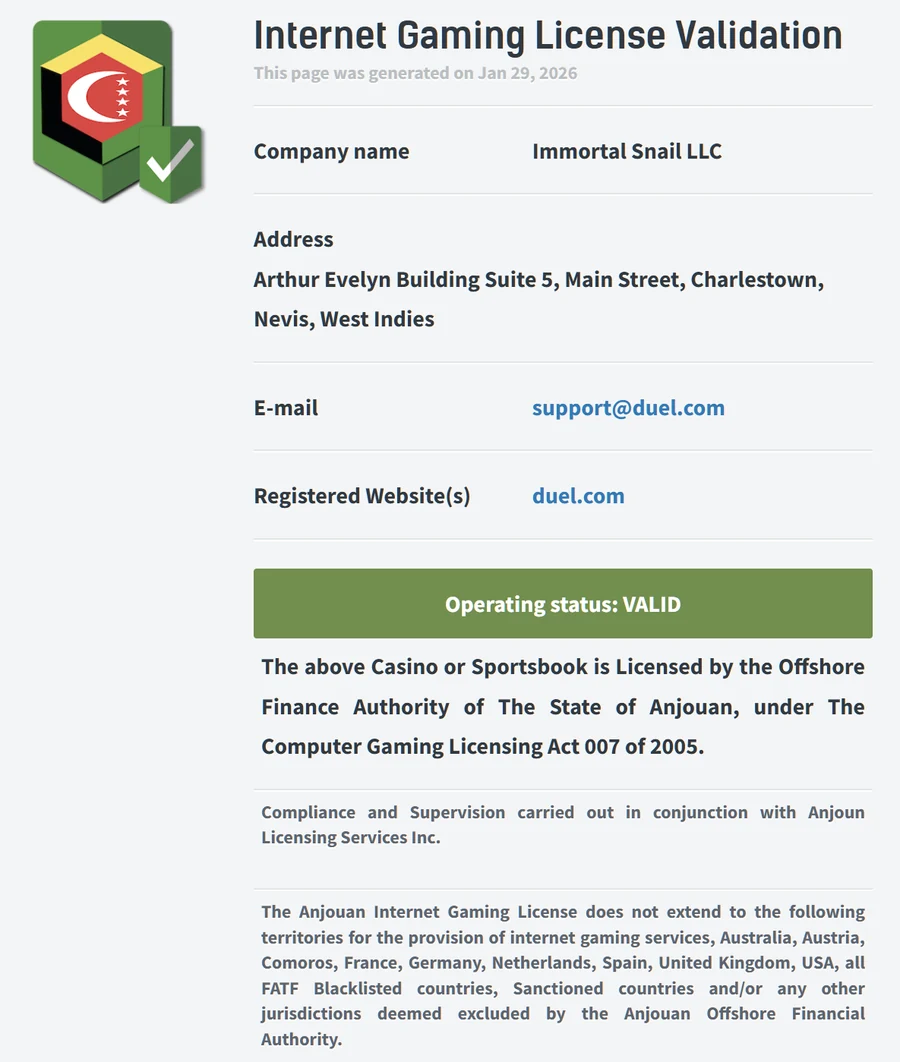 Duel Casino gaming license validation page: Immortal Snail LLC, licensed by the Offshore Finance Authority of Anjouan. Operating status: VALID.
